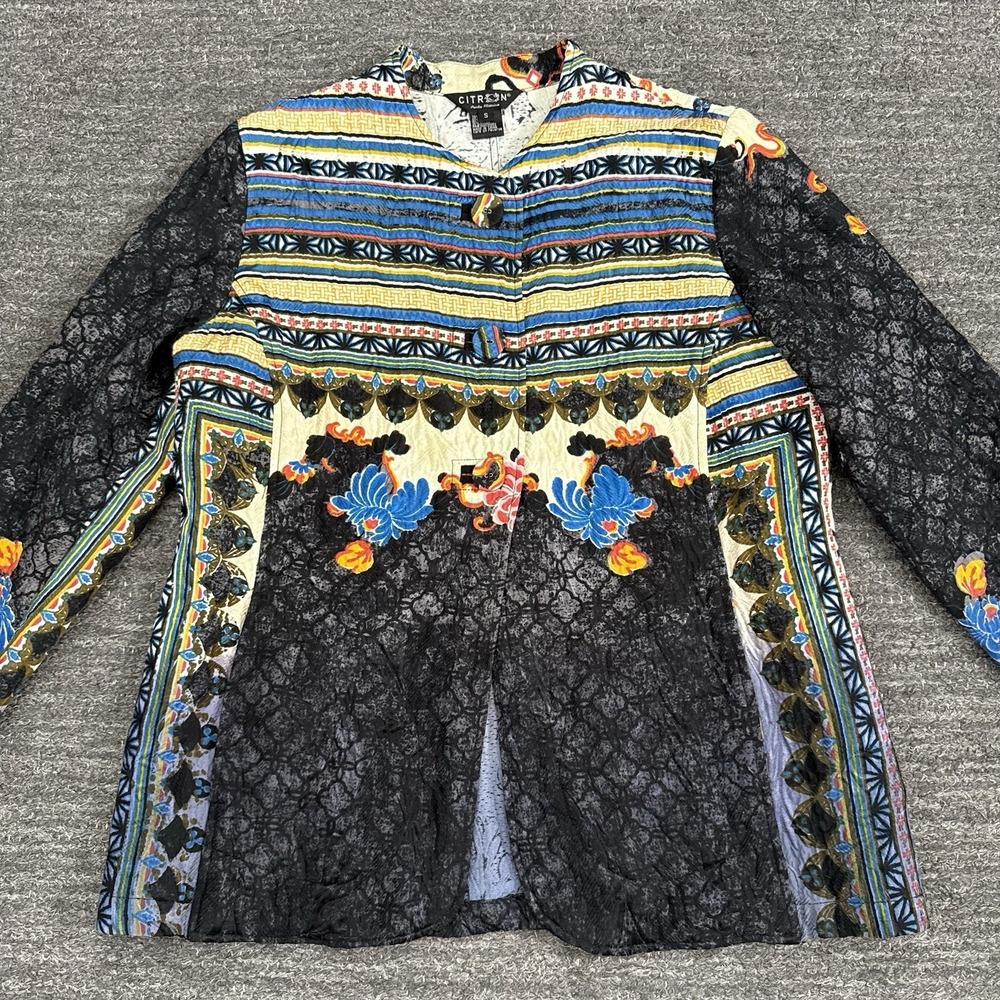 Citron Santa Monica Silk Blend Jacket Women Small Art to Wear Floral Colorful